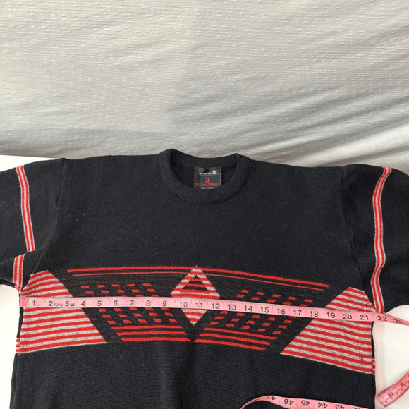 Vintage 80s Demetre Mens M Ski Sweater Wool Black Red Diamond Retro Preppy - Picture 6 of 12